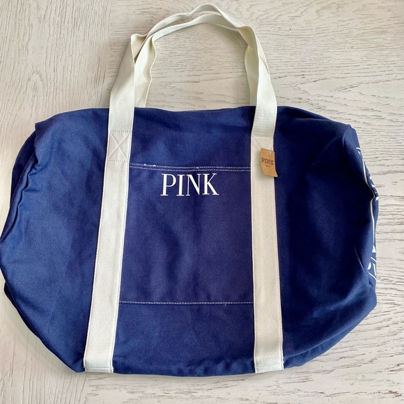 PINK Victoria's Secret Handbags - PINK Victoria's Secret Navy White Zip Tote Duffel Travel Overnight Bag Luggage
